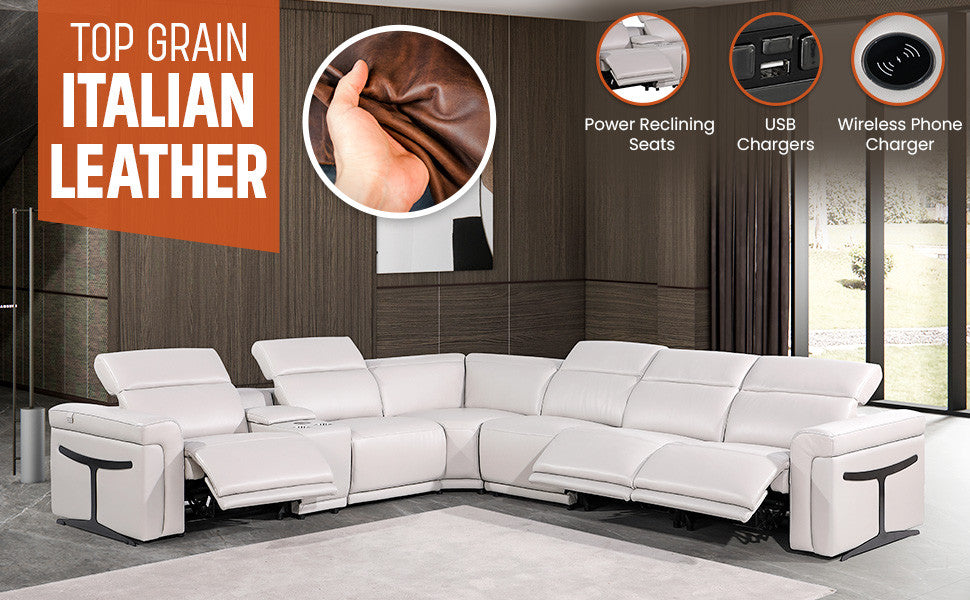 Giovanni 7-Piece 3-Power Reclining Italian Leather Sectional, Black