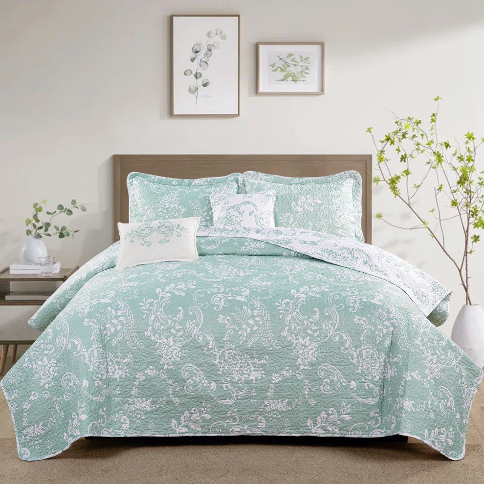 LA Boheme 5 Piece Printed Bed Spread Set, Teal Turquoise, King