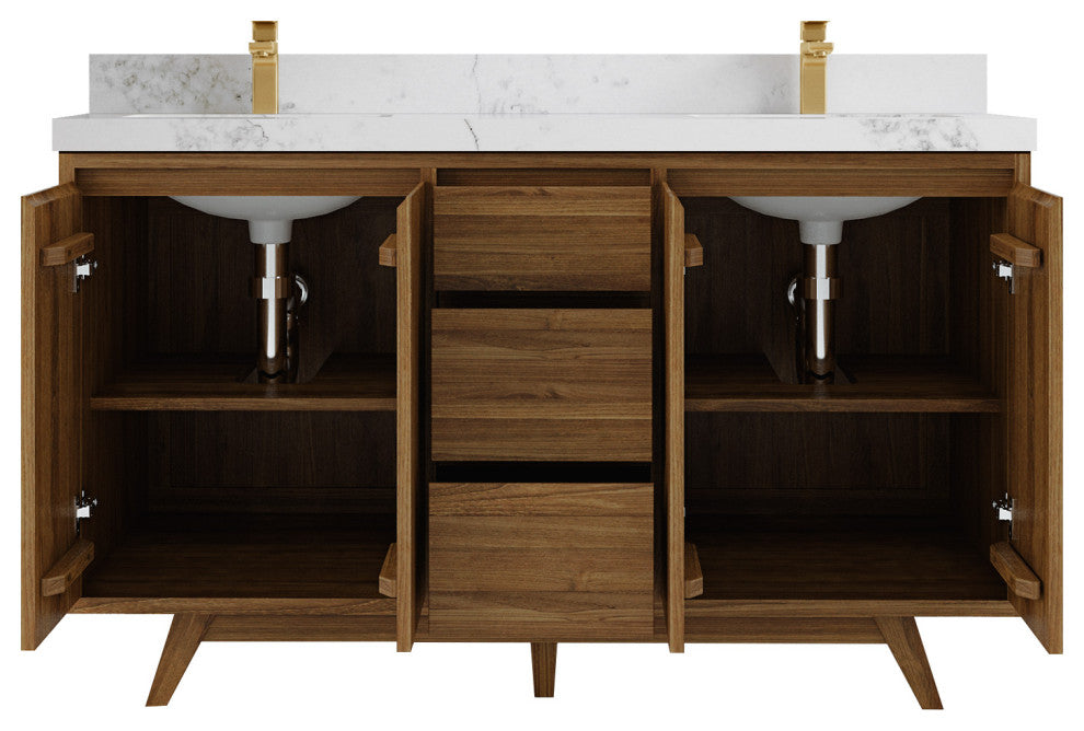 Madison Teak 60 Double Bathroom Vanity in Dark Natural 2" Calacatta Nuvo