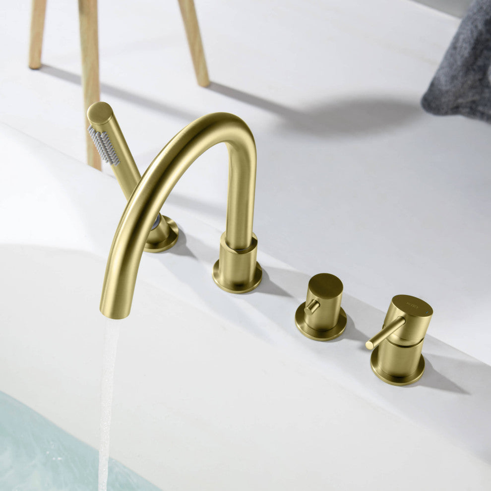 Circular Deck Mounted Bathtub Faucet With Hand Shower, Brushed Gold