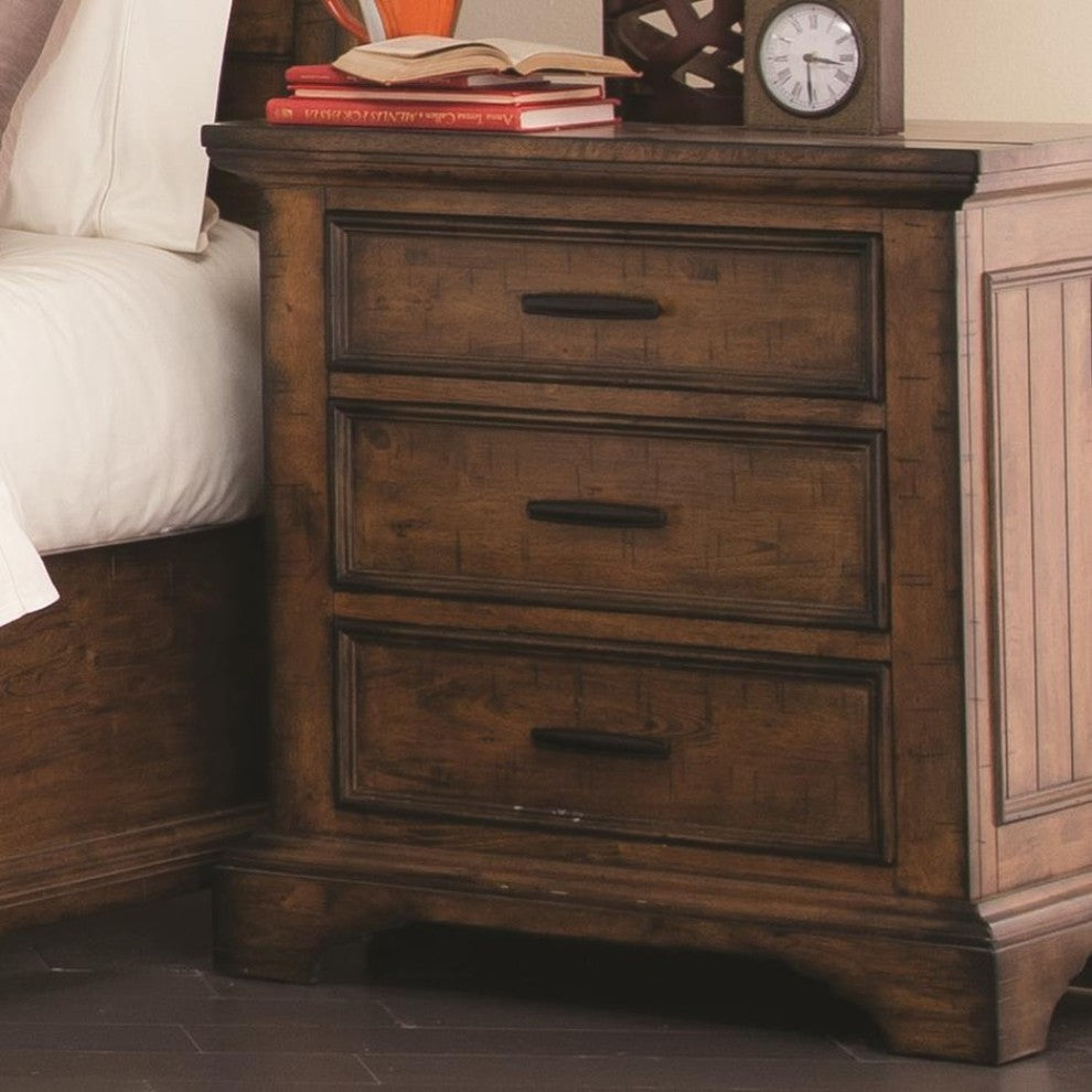 Benzara BM185312 3 Drawers Wooden Nightstand with Bracket Leg Support, Brown