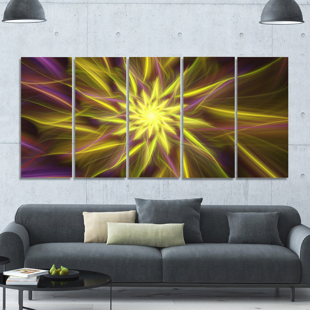 Shining Golden Exotic Fractal Flower, Floral Canvas Art Print, 60"x28", 5 Panels