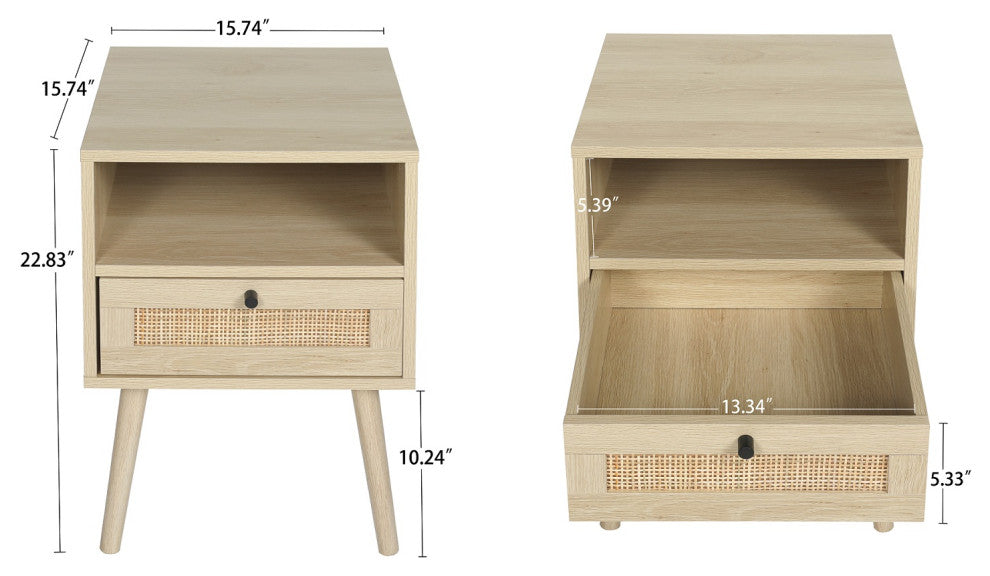 Rattan Solid Wood Legs Nightstand, Bedside Table With 1 Rattan Drawers Natural