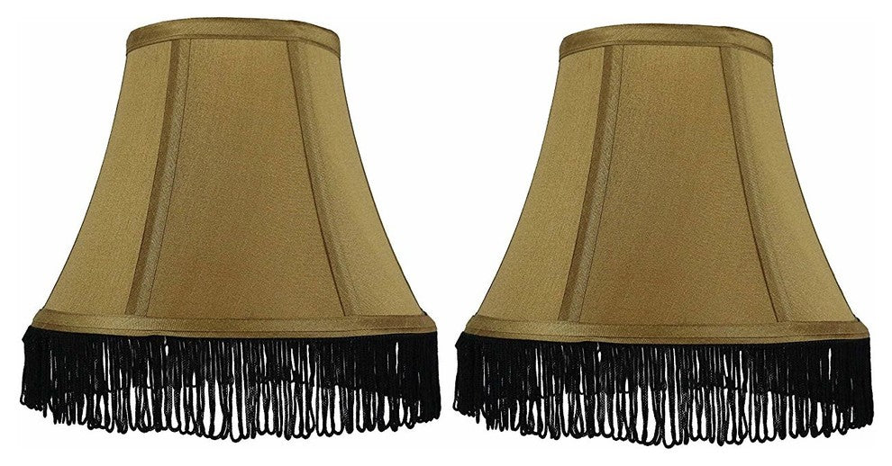 Silk Bell Lamp Shade, 5x9x7", Gold With Black Fringe, Set of 2