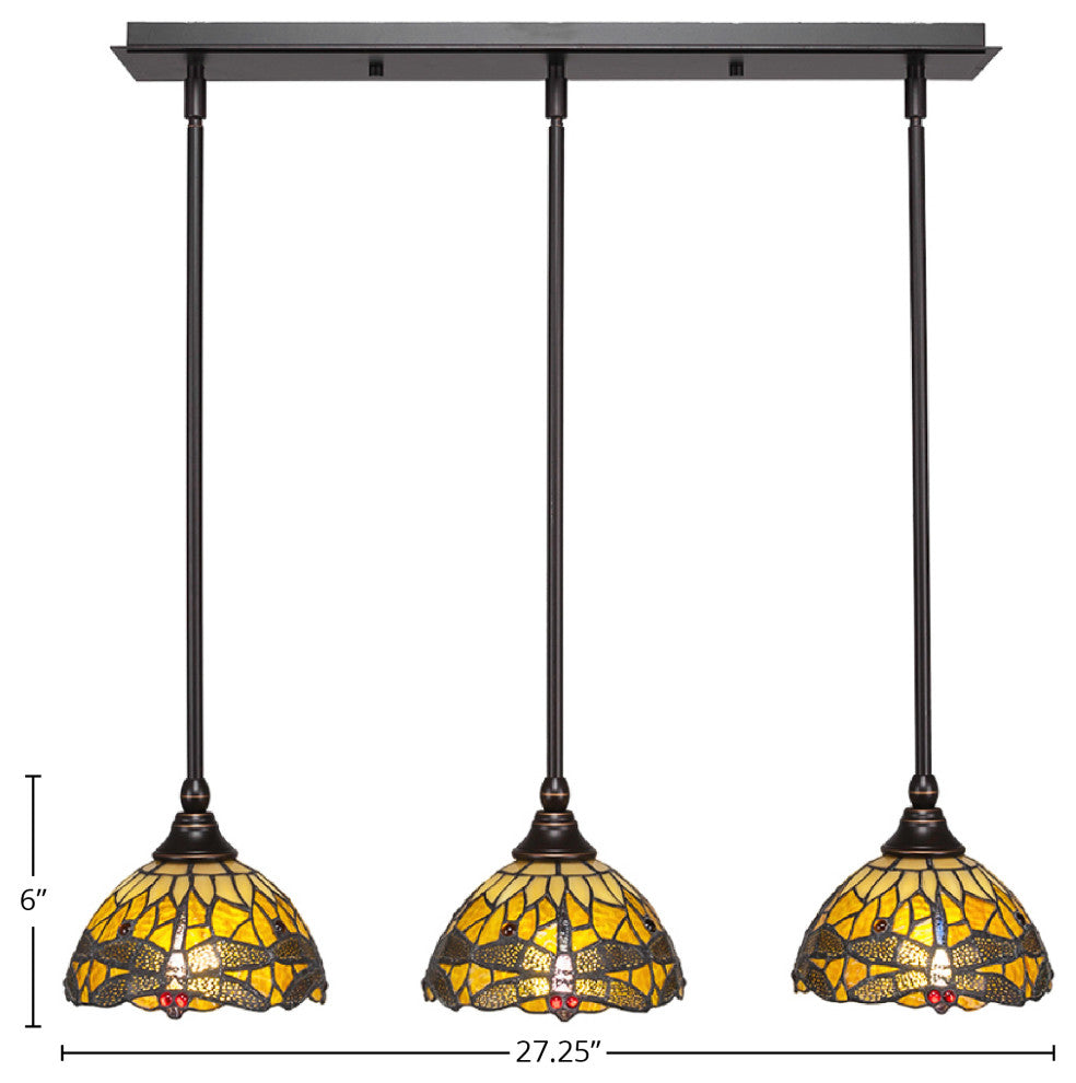 3-Light Mini Pendant, Dark Granite, 7" Amber Dragonfly Art Glass