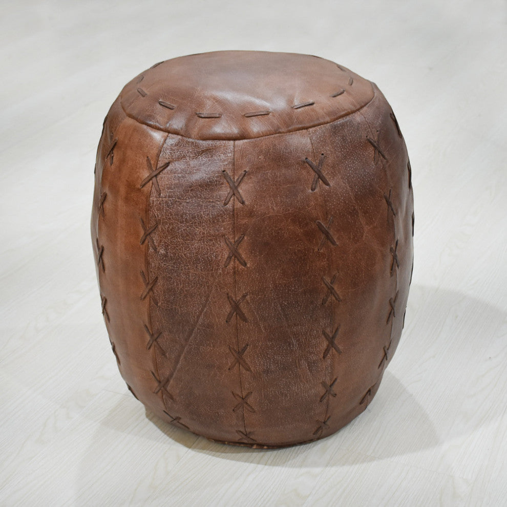 Solid Handmade Leather Pouf, 14x14x14
