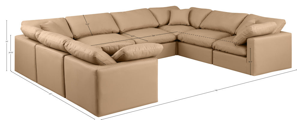 Indulge Upholstered Modular U-Shaped Sectional, Tan, 8-Piece: 4 Armless Chair, 4 Corner Chair, Fiber Stuffed Vegan Leather