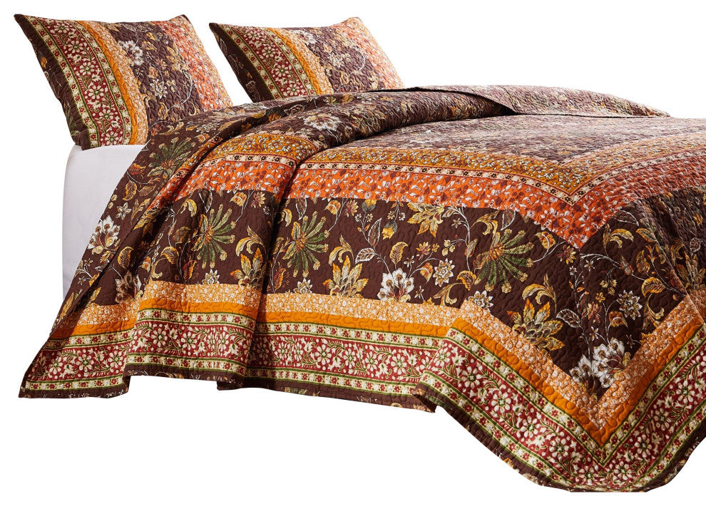 Benzara BM281995 Twin Quilt Set, Bohemian, Jacobean Floral Print, Brown, Orange