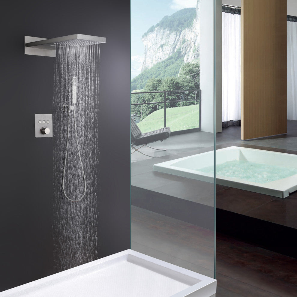Luxury Thermostatic Shower System with Rough-in Valve & Waterfall Showerhead, Br