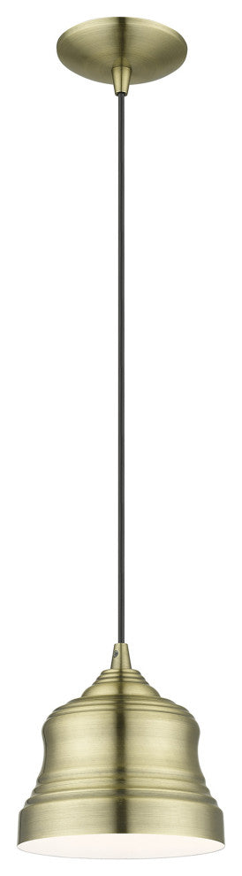Endicott 1-Light Antique Brass Mini Bell Pendant, Shiny White Inside