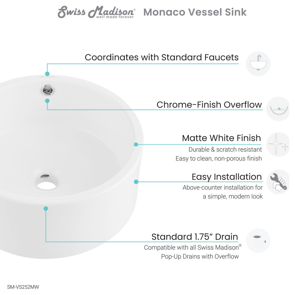 Monaco Round Vessel Sink, Matte White