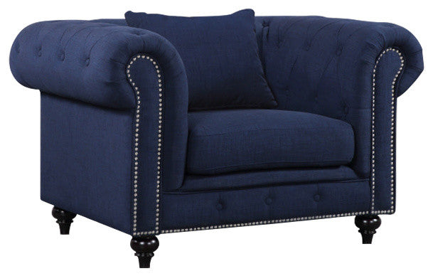 Chesterfield Linen Textured Fabric Upholstered Chair, Navy