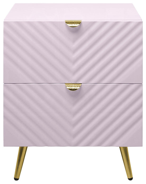 2-Drawers Wooden Nightstand With Metal Legs, High Gloss Pink Finish