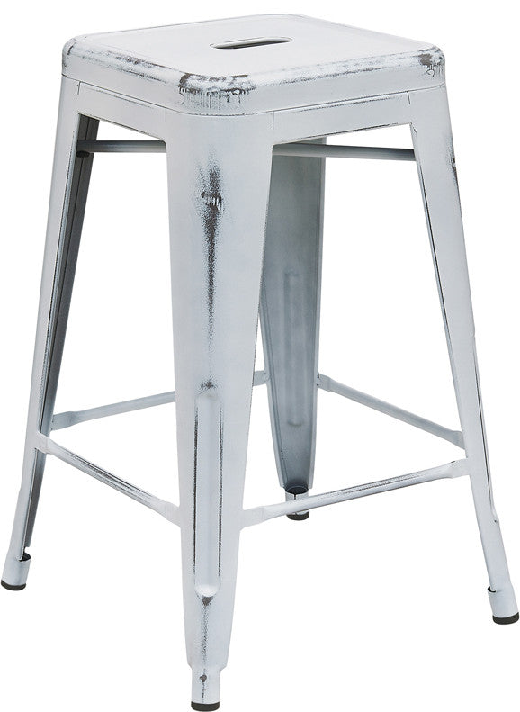 Distressed White Metal Stool