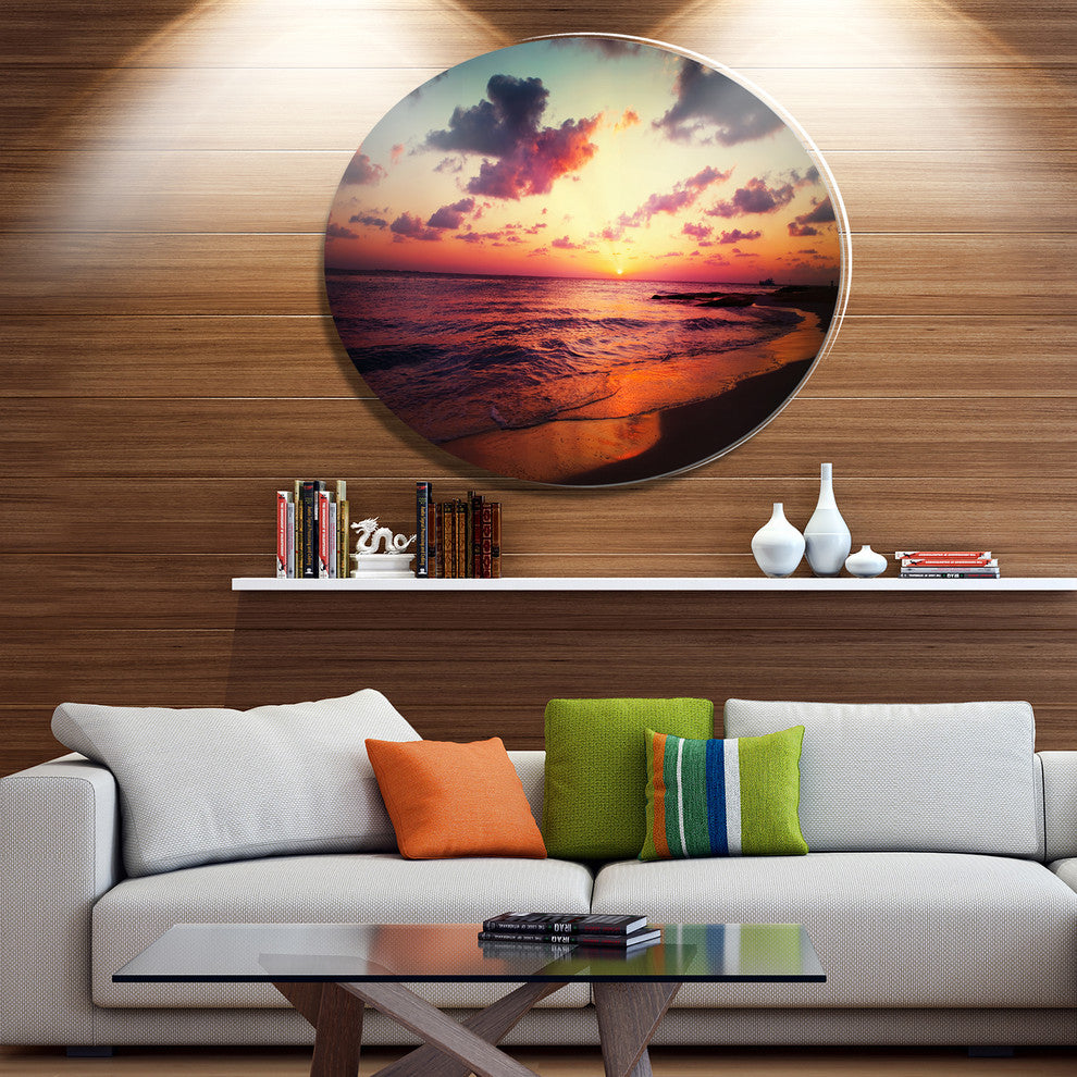 Sea Sunset Landscape View, Seashore Round Metal Wall Art, 36"