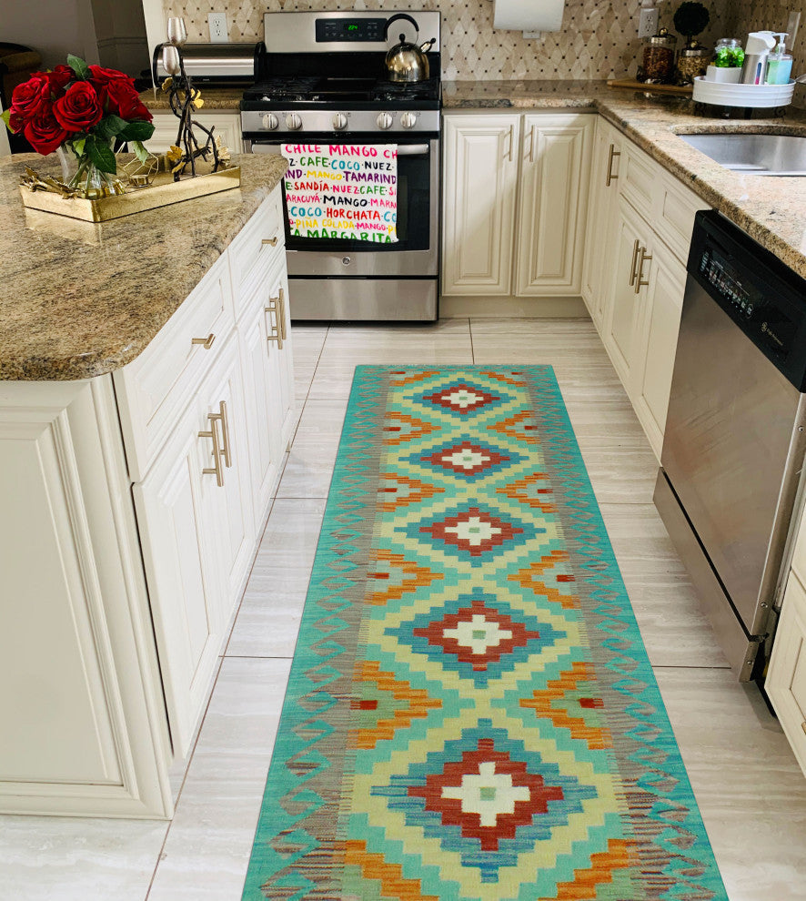 Sangat Kilim Jaxon Light Green/Gold Runner, 2'8x9'6