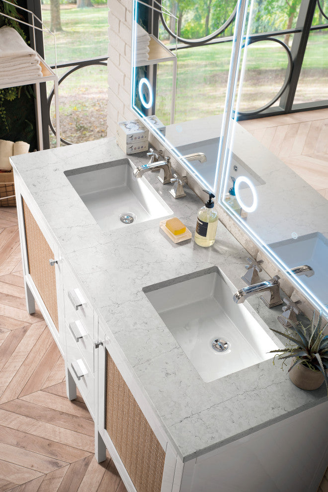 Addison 60" Double Vanity Cabinet, Glossy White, Eternal Jasmine Pearl, Three-Hole