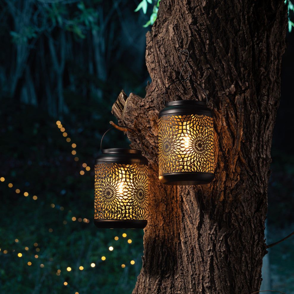 Metal Cutout Solar Powered Hanging Lantern, 2-Piece Set