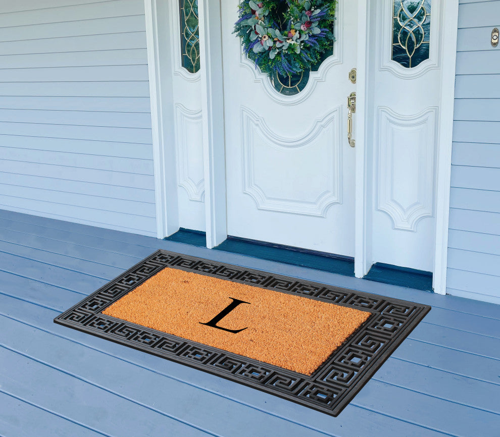 Rubber And Coir Greek Key Black Border 24"x36", Outdoor Monogrammed Doormat, L