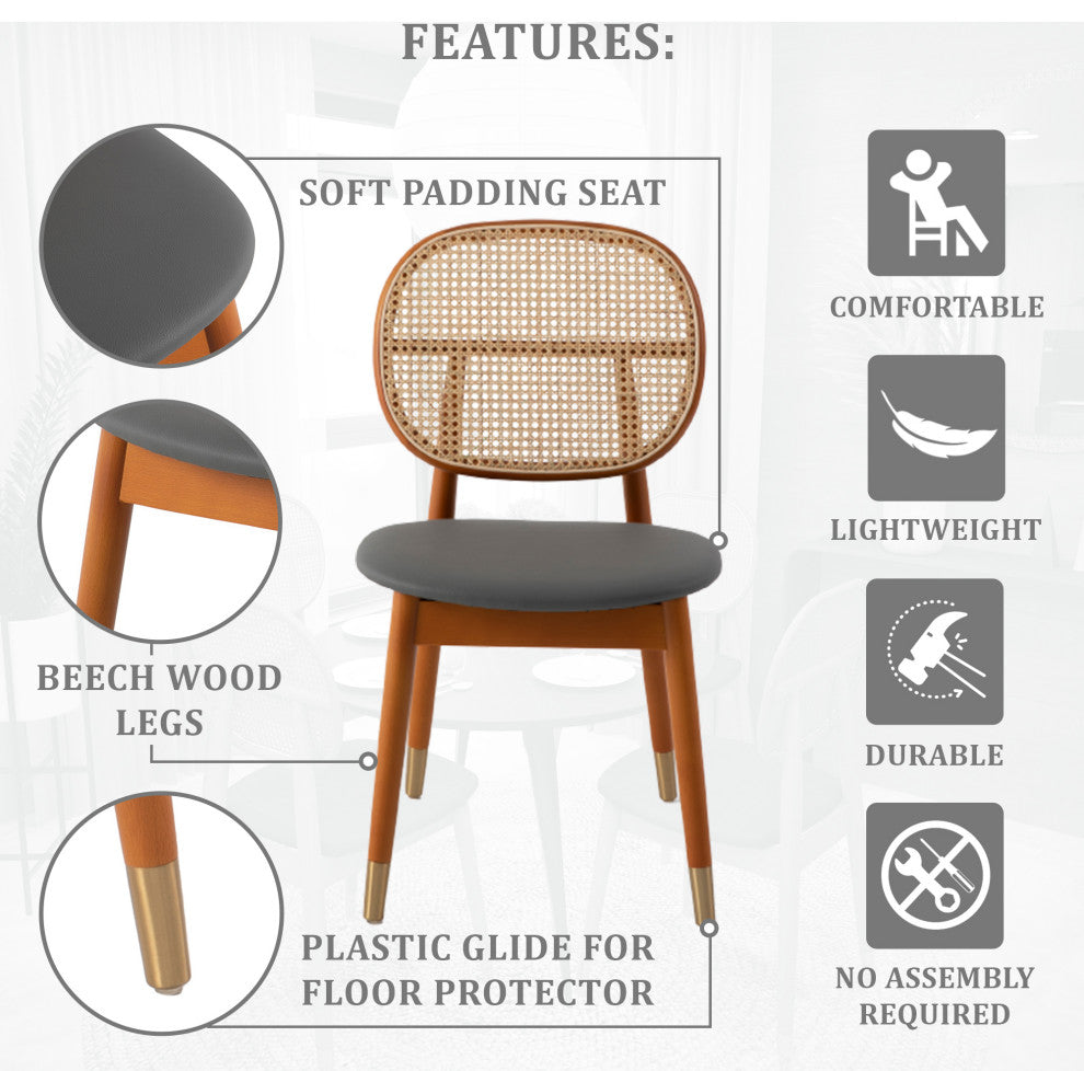 LeisureMod Holbeck Wicker Dining Chair With Leather Seat Set of 2, Grey