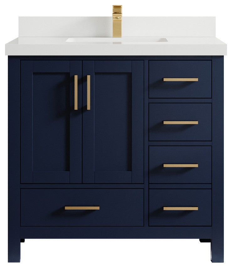 Malibu 36 Center Sink Bath Vanity in Navy Blue 2" White Quartz