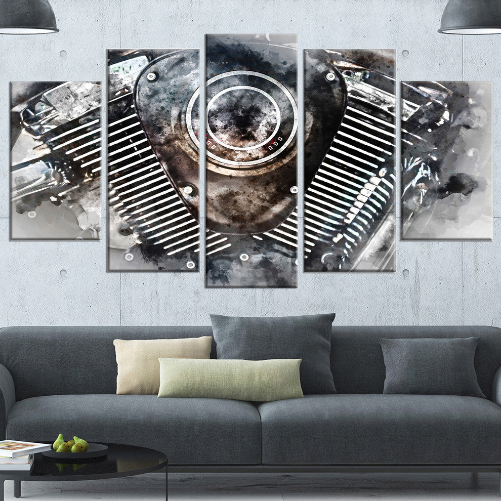 Motorcycle Engine Watercolor, Contemporary Canvas Art Print, 60"x32", 5 Panels
