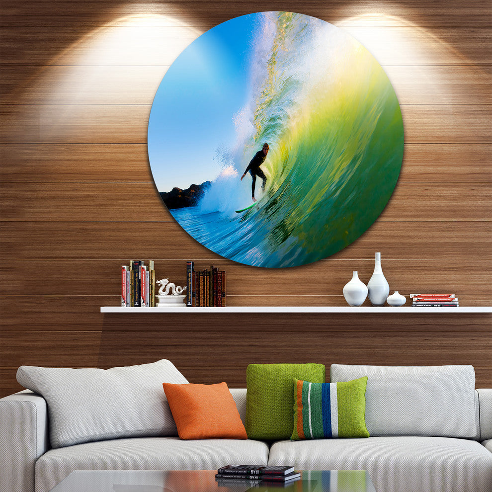 Surfer Beating Green Waves, Photo Disc Metal Artwork, 11"