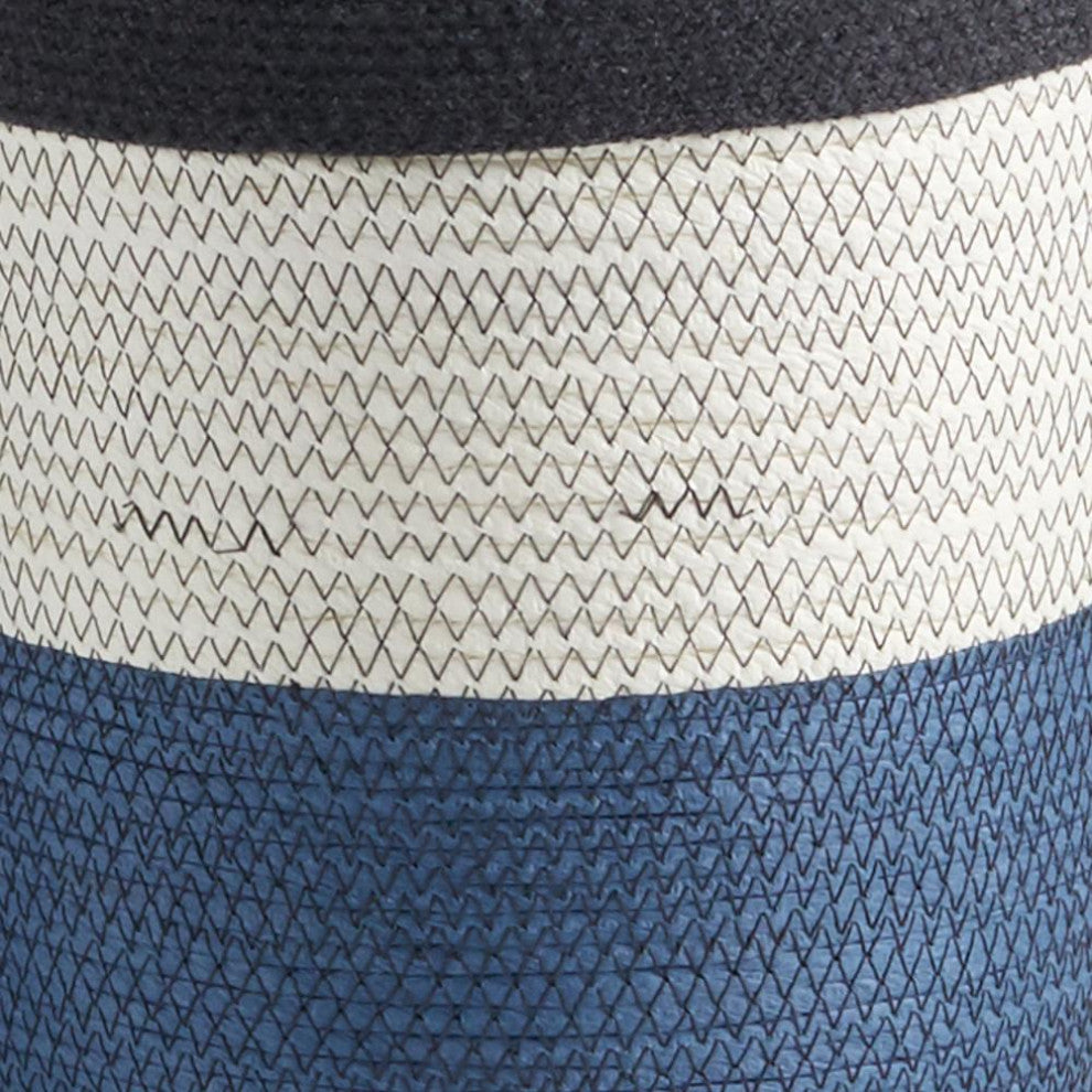 Set of 2 Coastal Casual Natural White Blue Woven Stripe Storage Baskets Round