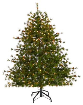 5' Colorado Mountain Pine Faux Xmas Tree W/Lights, Bendable Branches & Pinecones