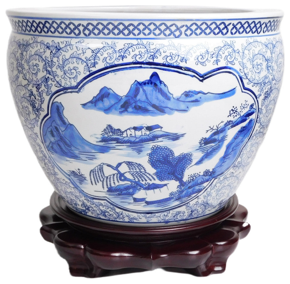 Blue and White Asian Porcelain Garden Pot Painted Landscape, 10