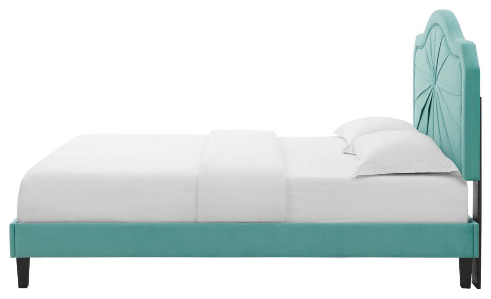 Platform Bed Frame, Full Size, Velvet, Blue, Modern Contemporary, Bedroom Master