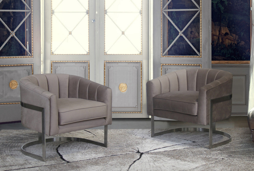 Paloma Accent Chair In Brushed Stainless Steel Finish, Beige Fabric