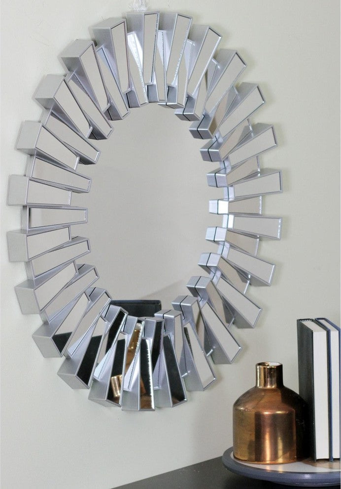 25.5" Aztec Inspired Silver Decorative Round Wall Mirror
