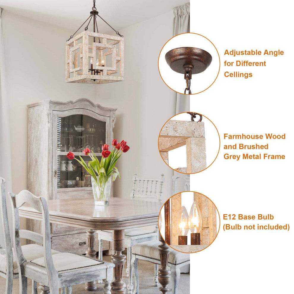 LNC Farmhouse 4-Light Bronze/Off-White Sqaure Wood Chandelier
