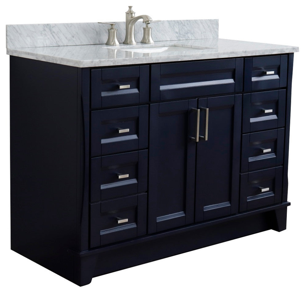 49" Single Sink Vanity, Blue Finish With White Carrara Marble
