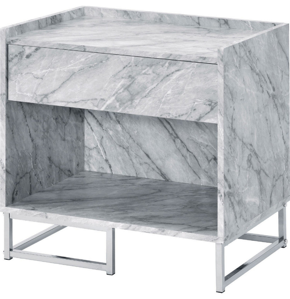 Benzara BM250334 Faux Marble Accent Table With Chrome Finish, White