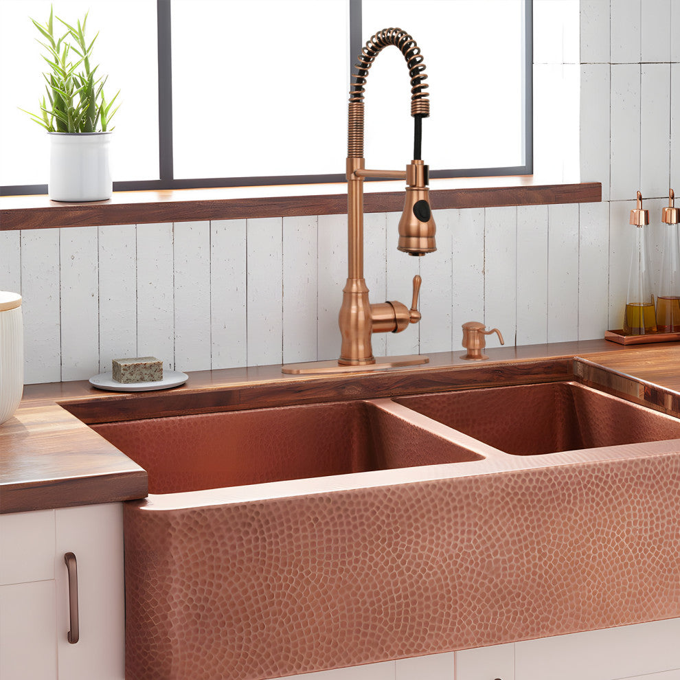 Copper Pre-Rinse Spring Kitchen Faucet with Pull Down Sprayer, Copper