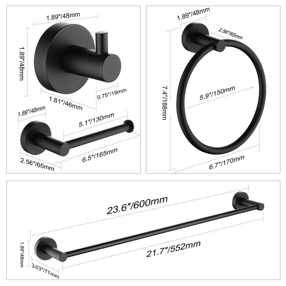 4pc Matte Black Bathroom Hardware Set by ANZZI