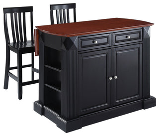 Drop Leaf Breakfast Bar Top Kitchen Island, Black, 24" Black School House Stools