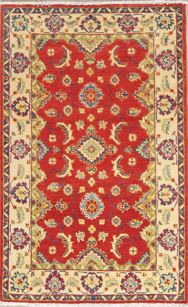 Hand-Knotted Oriental Pakistani Kazak Traditional Wool Area Rug, Red, 4'4"X2'8"