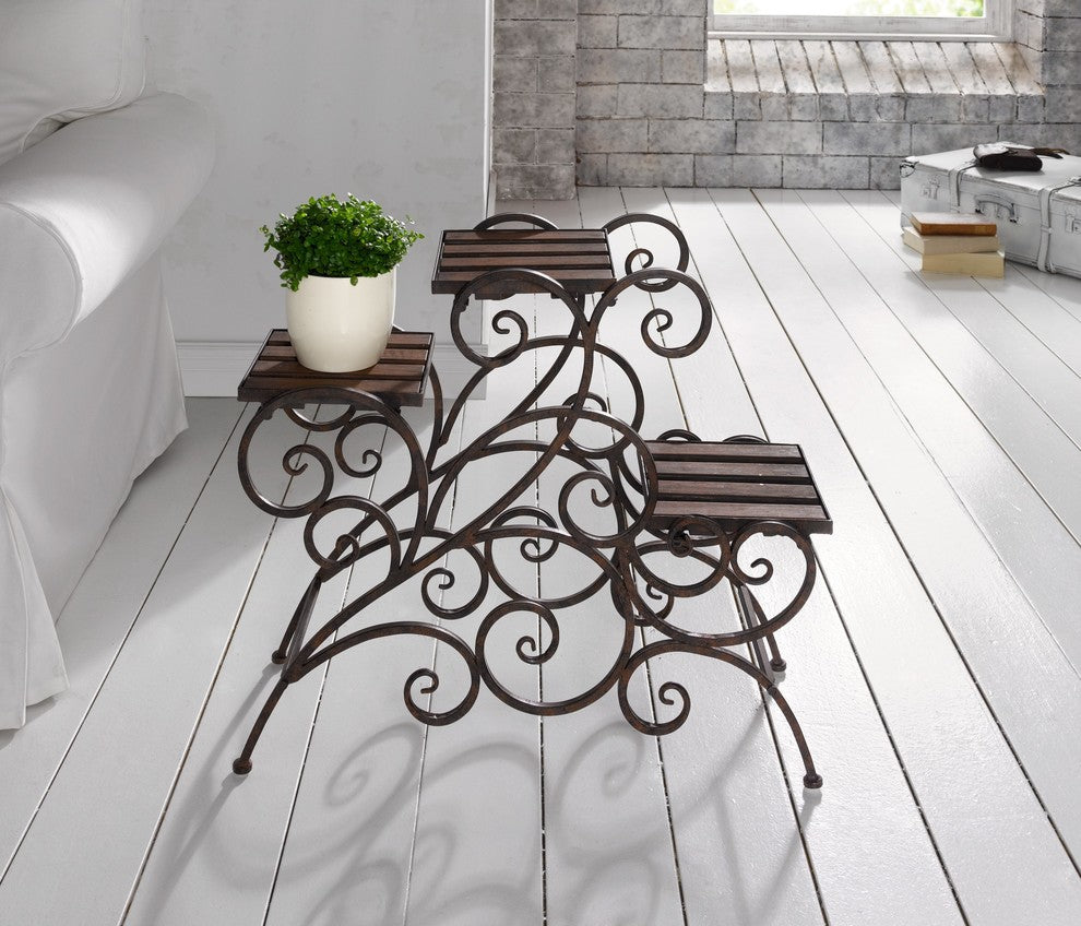 Antique Rustic Metal 3 Stairs Plant Stand Wood Trays Vine Patterns