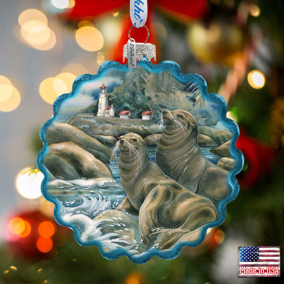 Lions of the Sea Lighthouse Caves Wreath Glass Ornament