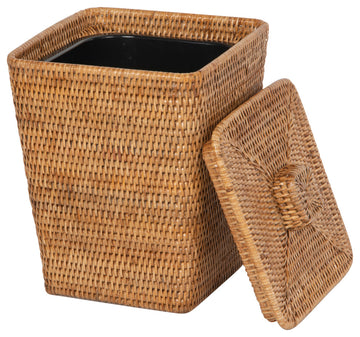 Rattan Square Waste Basket, Lid, Plastic Insert, Honey-Brown