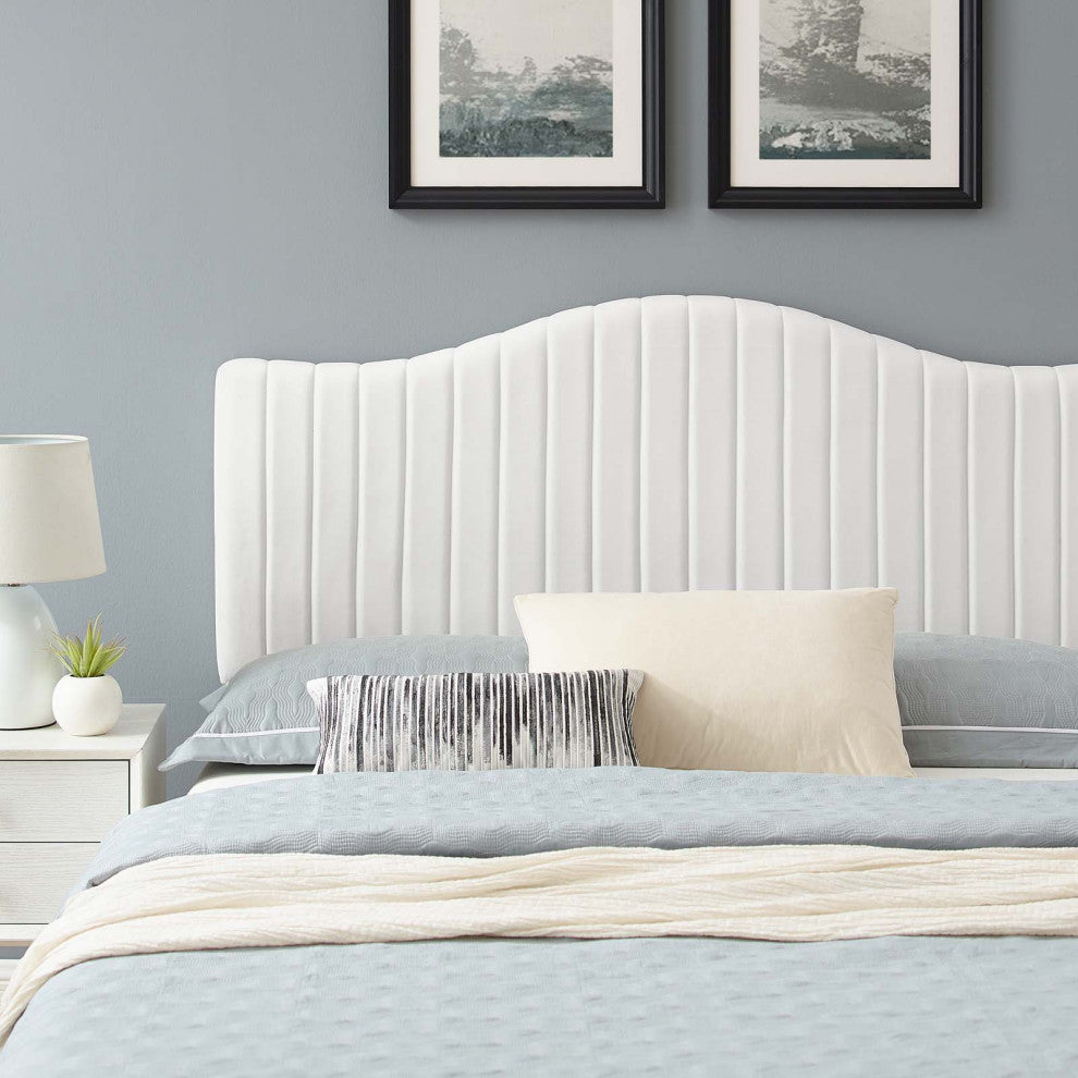 Tufted Platform Bed Frame, Queen Size, Velvet, White, Modern Contemporary