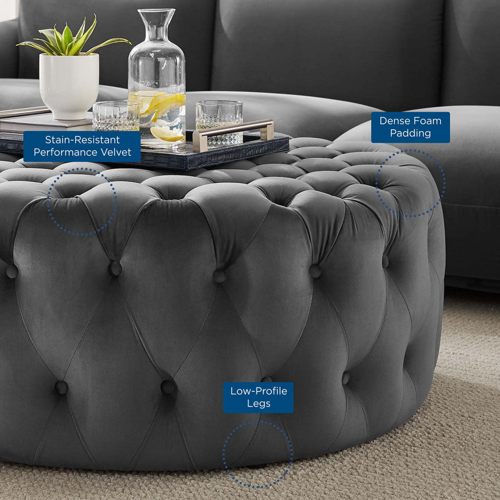 Round Ottoman Accent Tufted Chair, Gray, Velvet, Modern, Cafe Hospitality
