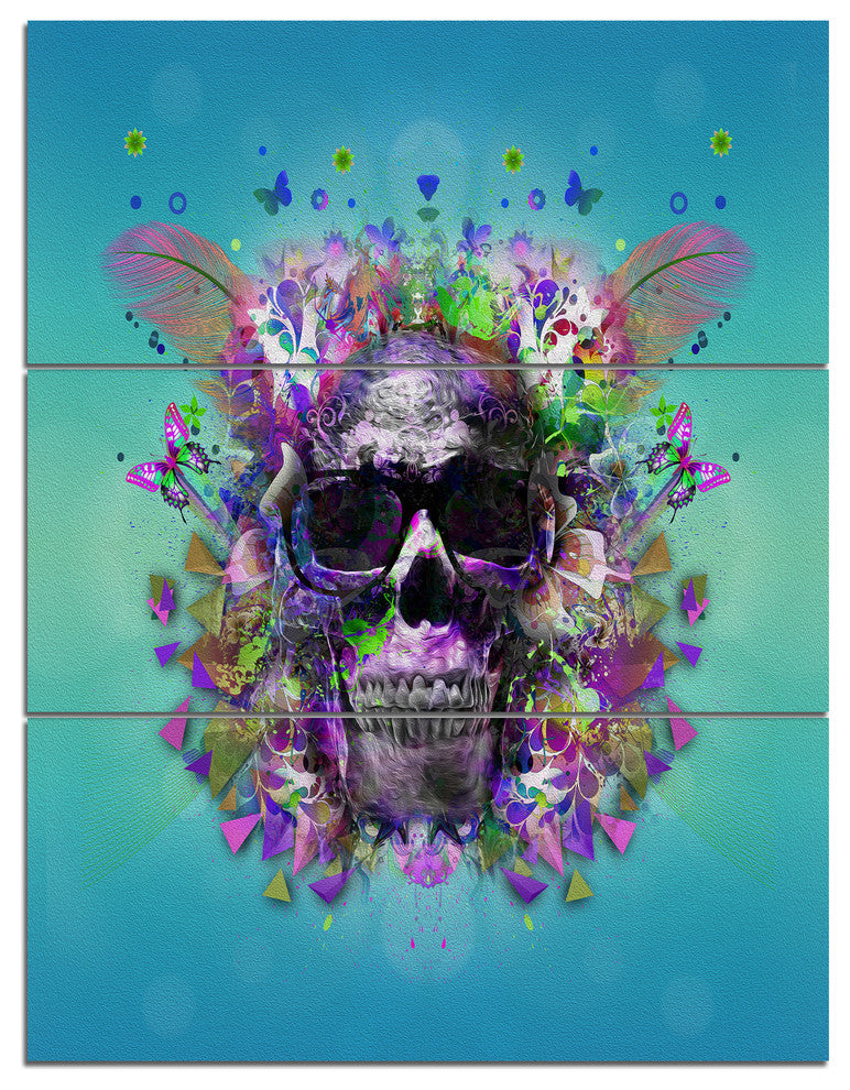Skull with Glasses and Butterflies, Abstract Wall Art Canvas, 28x36, 3 Panels