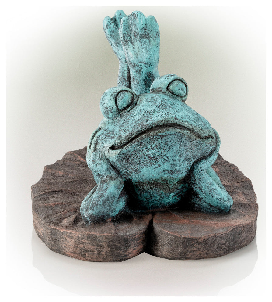 Alpine Frog Laying Down on a Leaf Statue, 8"Tall