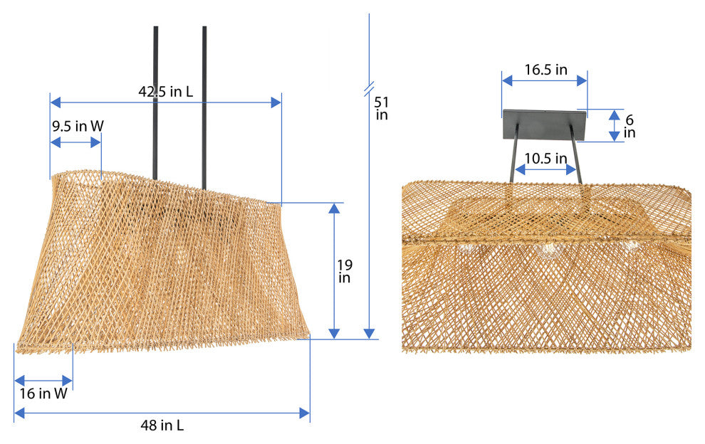 Cane Rib Webbing Oblong Dining Table Kitchen Island Pendant Lamp, Natural