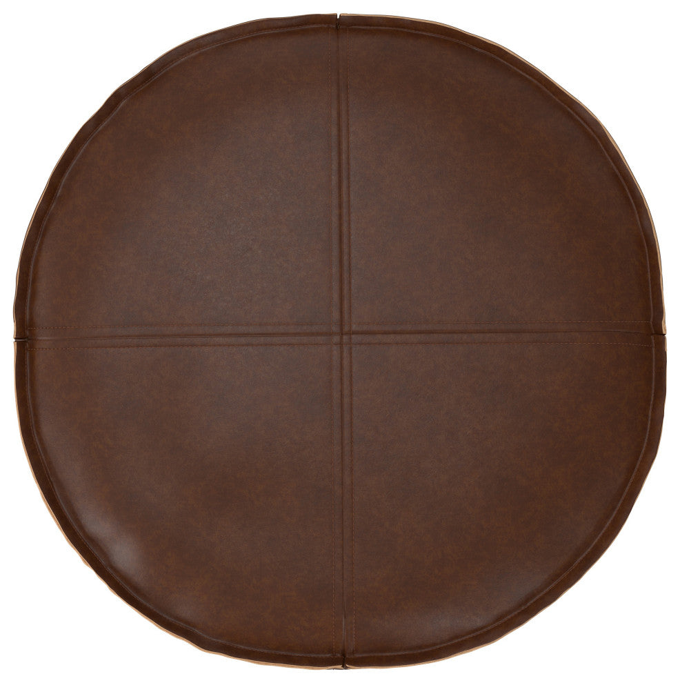 Brody 20" Round Pouf, Distressed Dark Brown Vegan Faux Leather