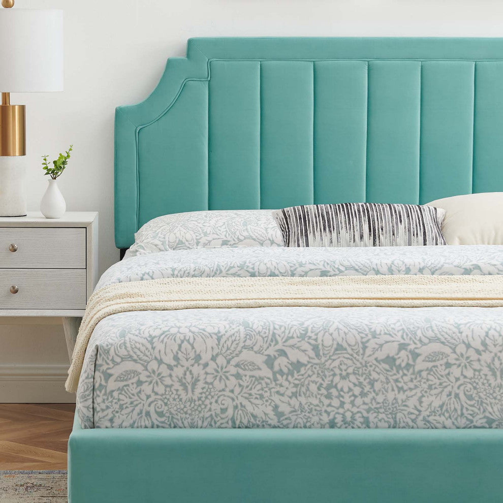Platform Bed Frame, King Size, Velvet, Blue, Modern Contemporary, Bedroom Master